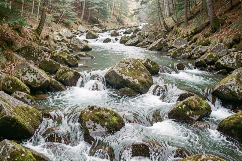 Mossy boulders splitting a mountain trout stream into white water and small calm pockets