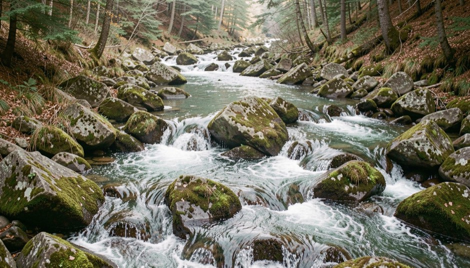 A steep mountain trout stream tumbling between mossy boulders, white water breaking around the rocks and small glassy pockets of calm water behind them, mixed forest in soft morning light